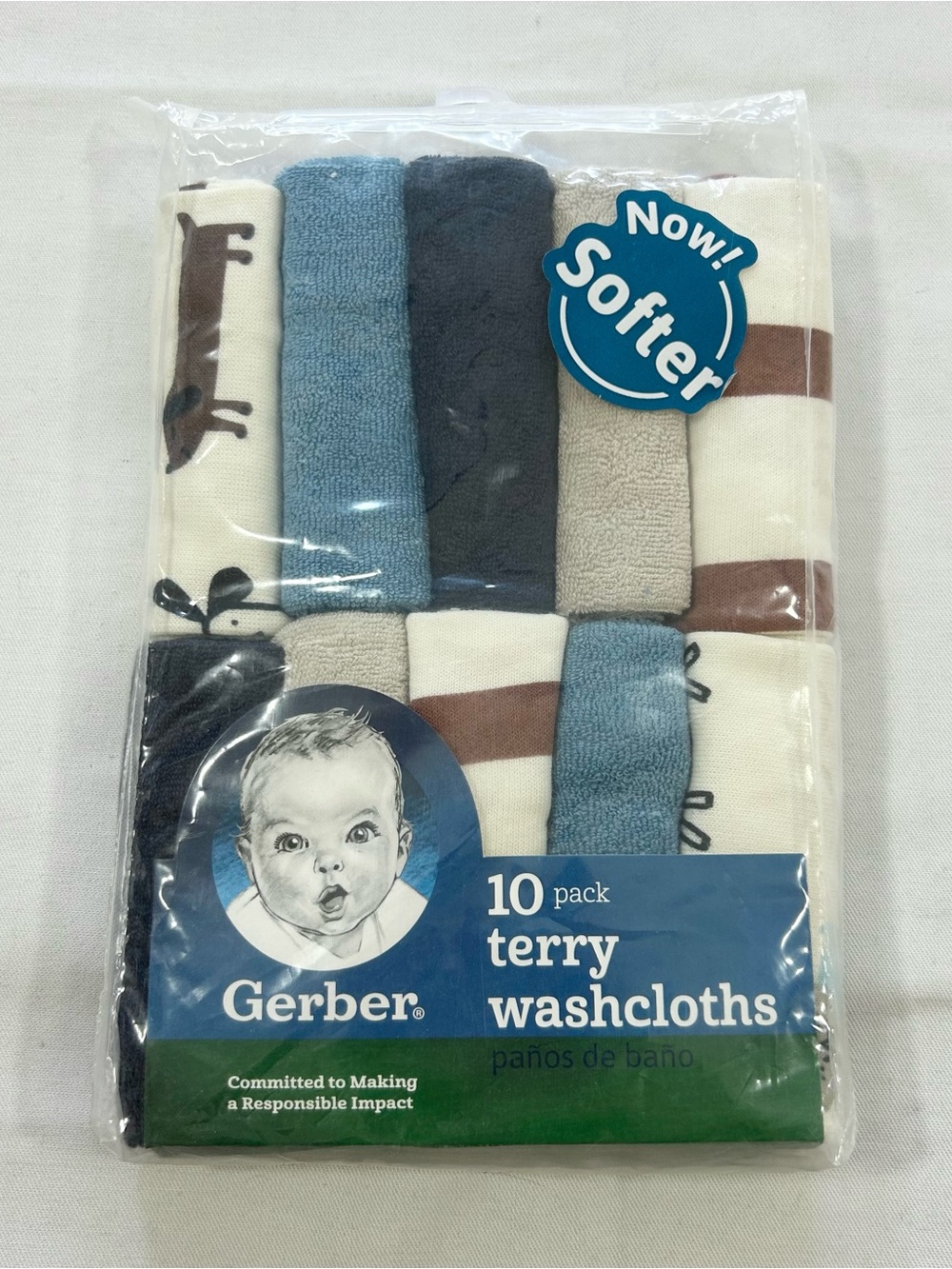 New Gerber Baby Infant Boy 10-Pack Blue Beige Brown Dog Terry Washcloths 9”x9”